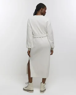 River Island tie jersey sweatshirt midi dress Cream Clearance