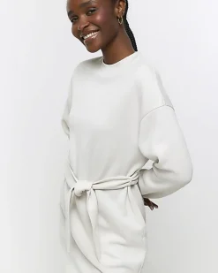 River Island tie jersey sweatshirt midi dress Cream Clearance