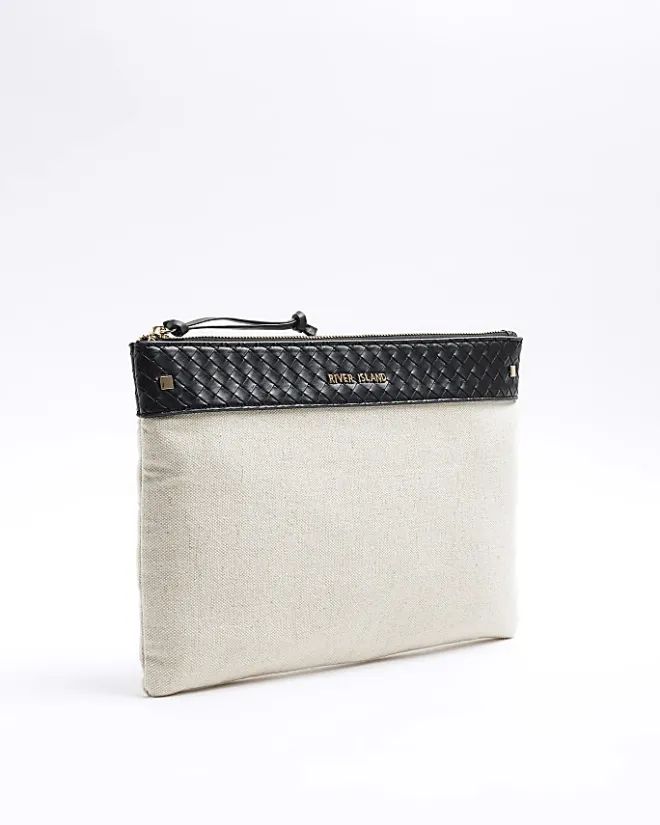 River Island weave trim canvas pouchette bag Cream Hot