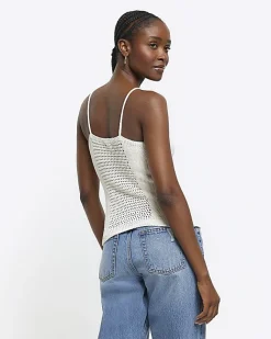 River Island Ecru crochet beaded cami top Cream Sale