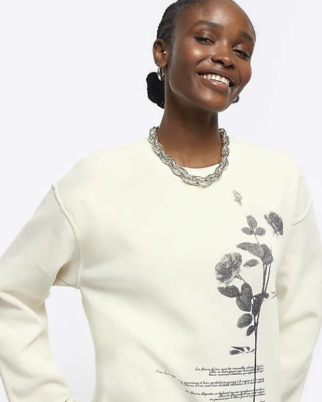 River Island Ecru floral graphic sweatshirt Cream Fashion