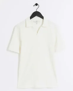 River Island Ecru muscle fit rib open collar polo Stone Clearance