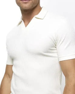 River Island Ecru muscle fit rib open collar polo Stone Clearance
