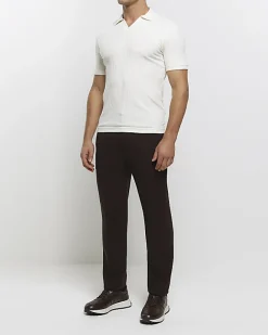 River Island Ecru muscle fit rib open collar polo Stone Clearance