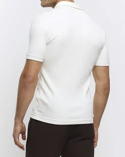 River Island Ecru muscle fit rib open collar polo Stone Clearance