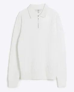River Island Ecru muscle fit zig zag knit polo Stone Sale