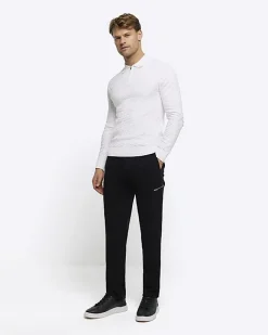 River Island Ecru muscle fit zig zag knit polo Stone Sale