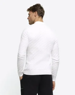 River Island Ecru muscle fit zig zag knit polo Stone Sale