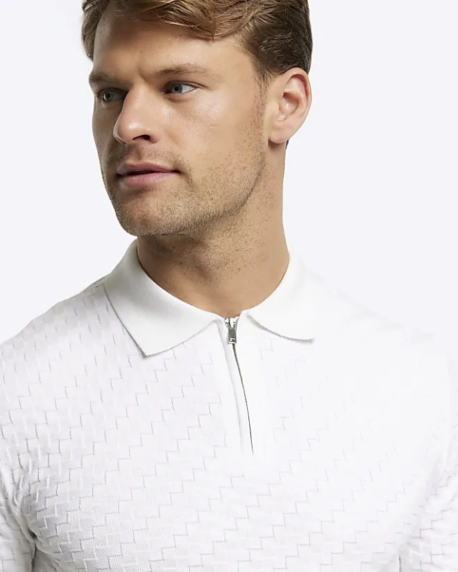 River Island Ecru muscle fit zig zag knit polo Stone Sale