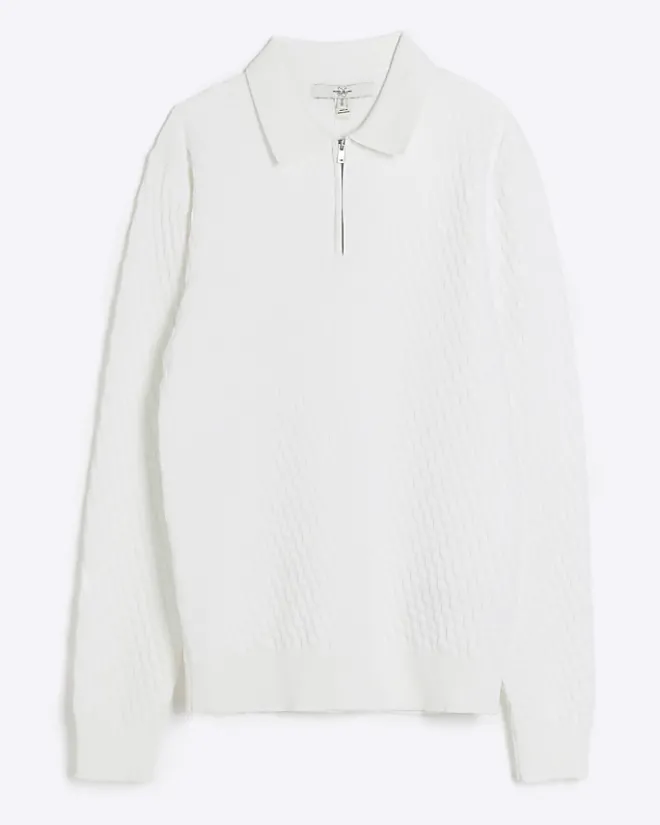 River Island Ecru muscle fit zig zag knit polo Stone Sale