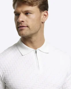 River Island Ecru muscle fit zig zag knit polo Stone Sale