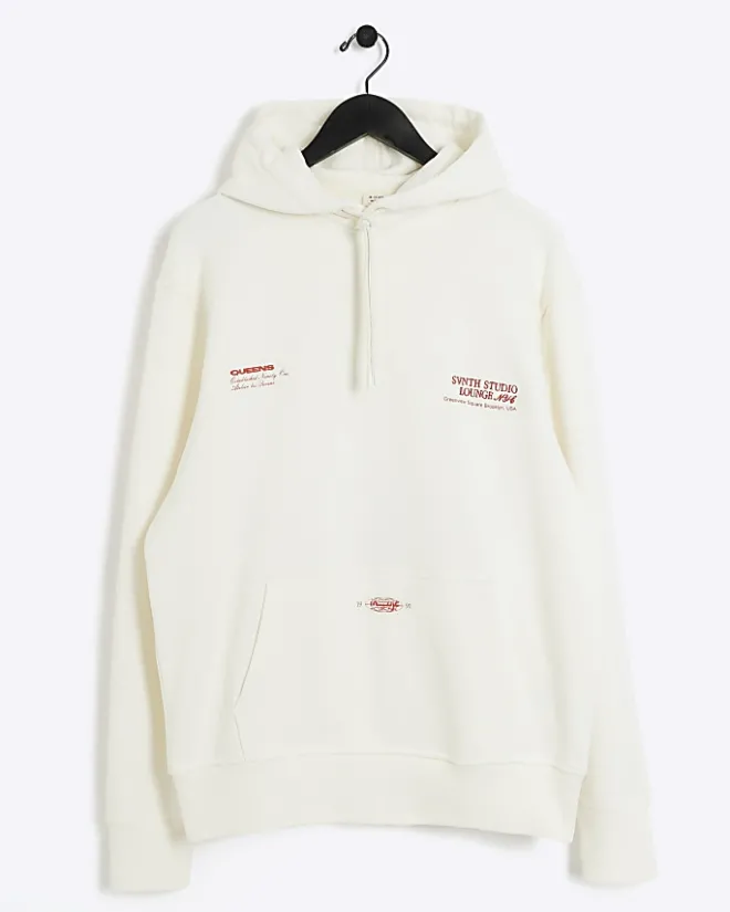River Island Ecru regular fit embossed graphic hoodie Stone Sale