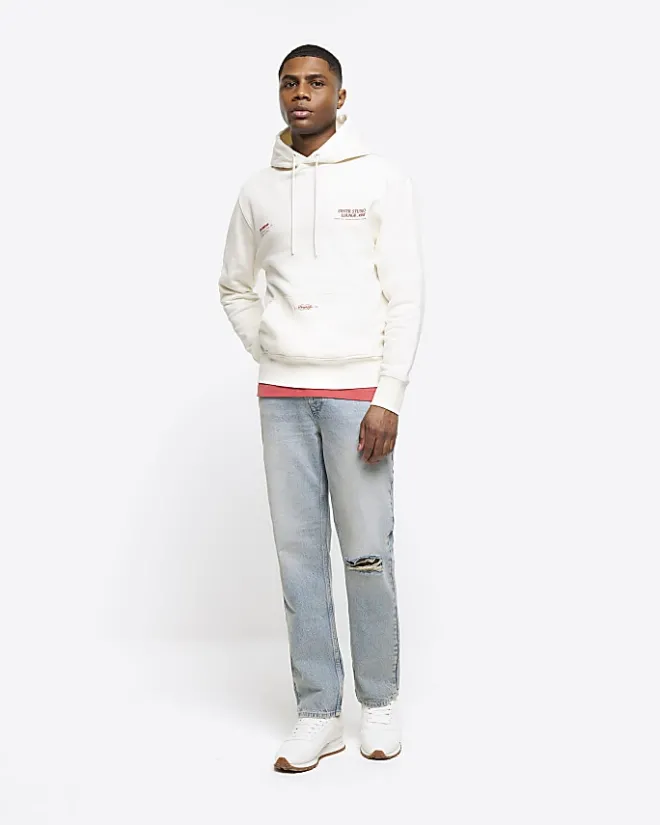 River Island Ecru regular fit embossed graphic hoodie Stone Sale