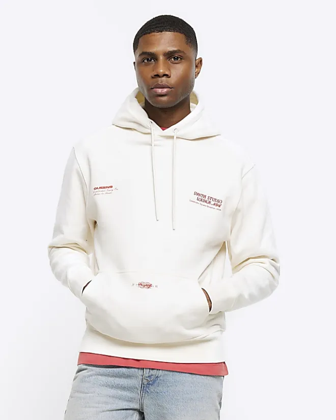 River Island Ecru regular fit embossed graphic hoodie Stone Sale