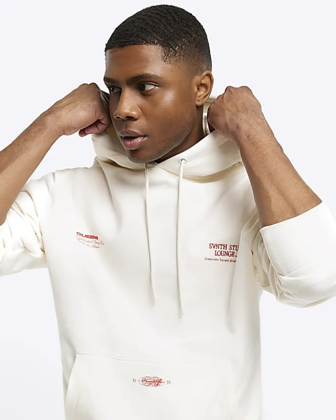 River Island Ecru regular fit embossed graphic hoodie Stone Sale