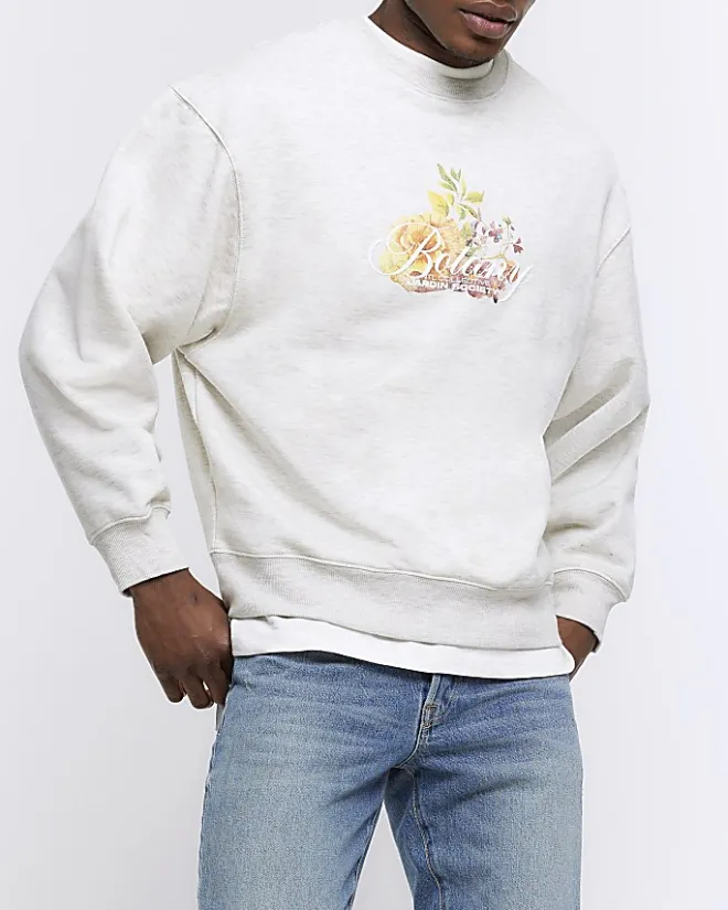 River Island Ecru regular fit floral graphic sweatshirt Stone Outlet