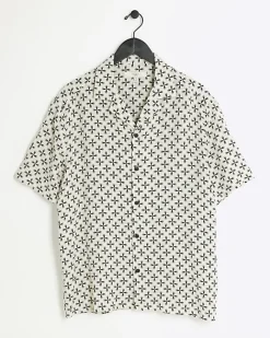 River Island Ecru regular fit geometric revere shirt Stone Hot
