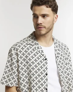 River Island Ecru regular fit geometric revere shirt Stone Hot