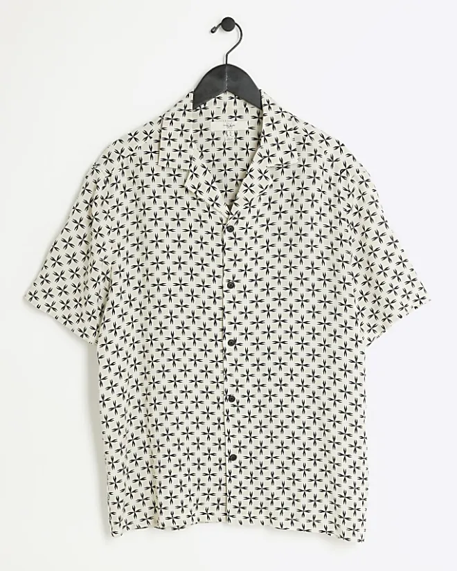 River Island Ecru regular fit geometric revere shirt Stone Hot