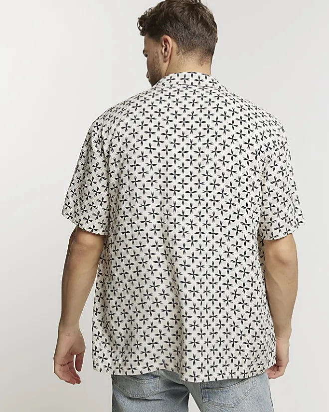 River Island Ecru regular fit geometric revere shirt Stone Hot