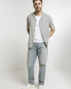River Island Ecru regular fit geometric revere shirt Stone Hot