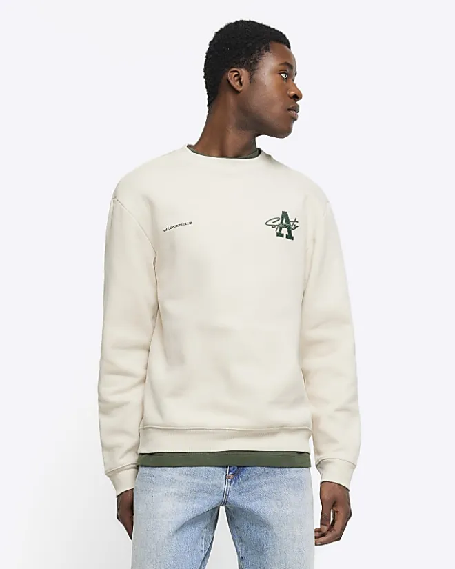 River Island Ecru regular fit graphic Aperton sweatshirt Stone Best