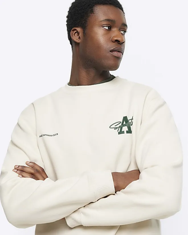 River Island Ecru regular fit graphic Aperton sweatshirt Stone Best
