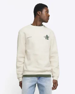 River Island Ecru regular fit graphic Aperton sweatshirt Stone Best