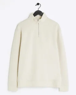River Island Ecru regular fit half zip sweatshirt Stone Sale