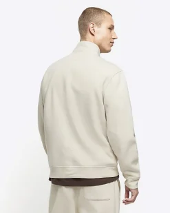 River Island Ecru regular fit half zip sweatshirt Stone Sale