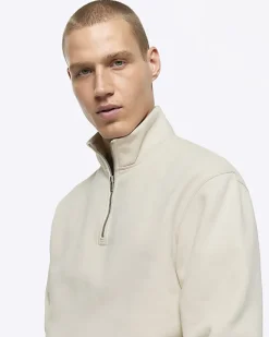 River Island Ecru regular fit half zip sweatshirt Stone Sale