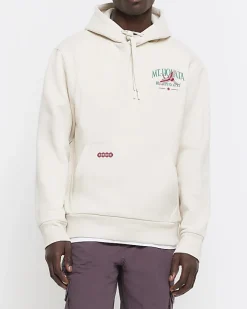 River Island Ecru regular fit Japanese graphic hoodie Stone Online