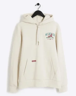 River Island Ecru regular fit Japanese graphic hoodie Stone Online