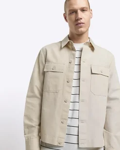 River Island Ecru regular fit linen blend smart overshirt Stone Discount