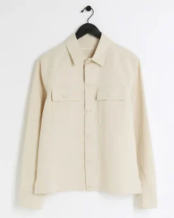 River Island Ecru regular fit linen blend smart overshirt Stone Discount