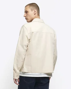 River Island Ecru regular fit linen blend smart overshirt Stone Discount
