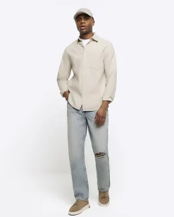 River Island Ecru regular fit linen blend shirt Stone Sale