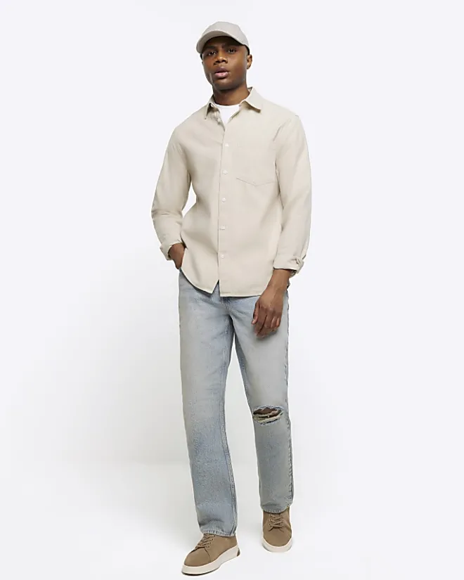 River Island Ecru regular fit linen blend shirt Stone Sale