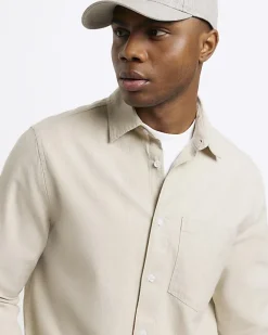 River Island Ecru regular fit linen blend shirt Stone Sale