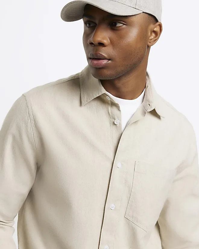 River Island Ecru regular fit linen blend shirt Stone Sale