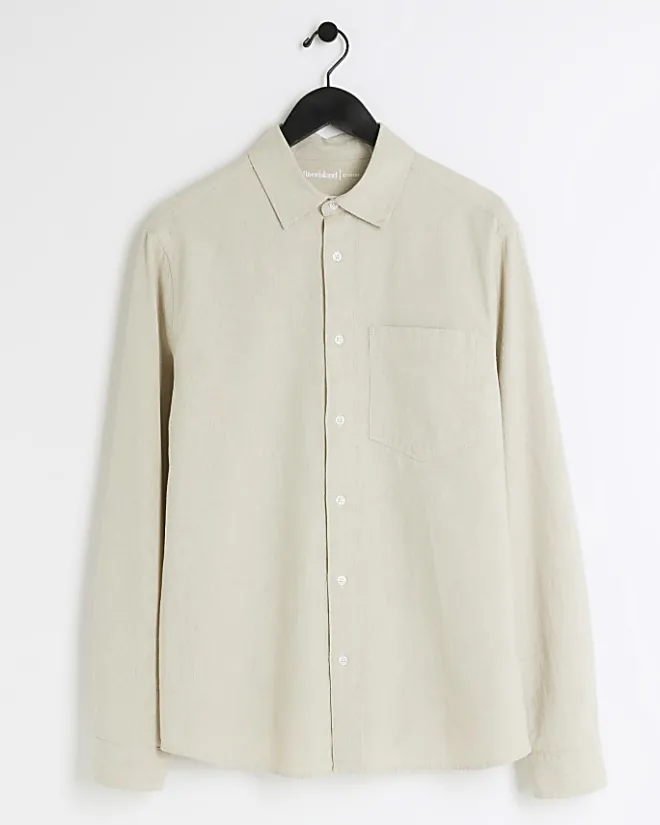 River Island Ecru regular fit linen blend shirt Stone Sale