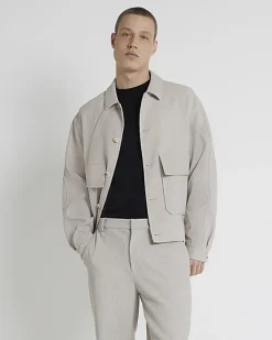 River Island Ecru regular fit plisse harrington jacket Stone Hot
