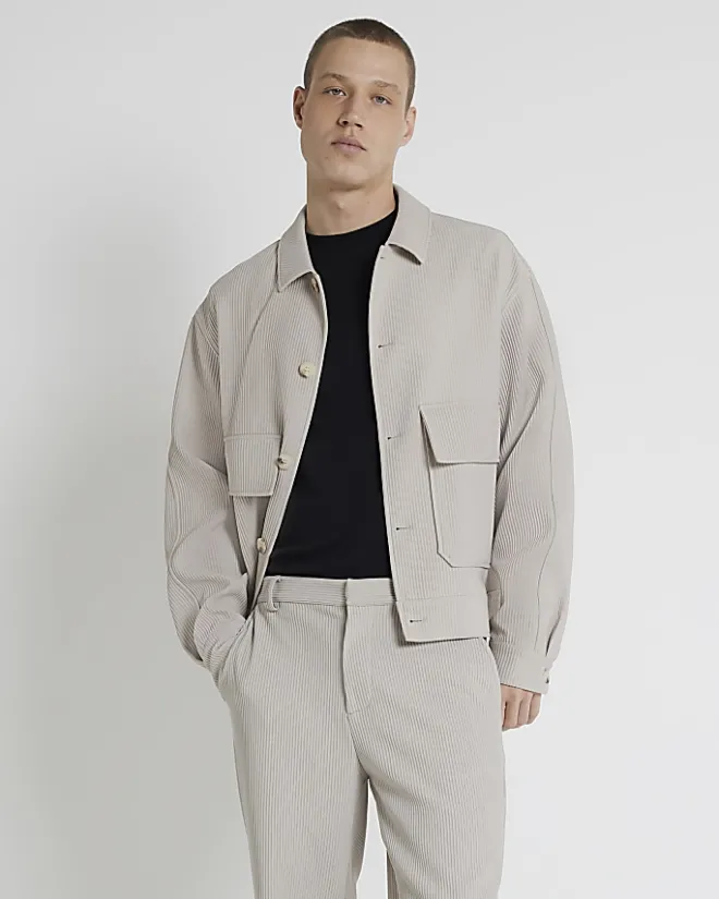 River Island Ecru regular fit plisse harrington jacket Stone Hot