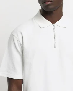 River Island Ecru regular fit textured half zip polo Stone Outlet
