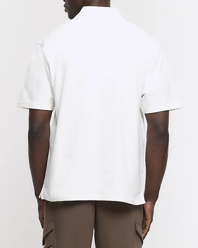 River Island Ecru regular fit textured half zip polo Stone Outlet