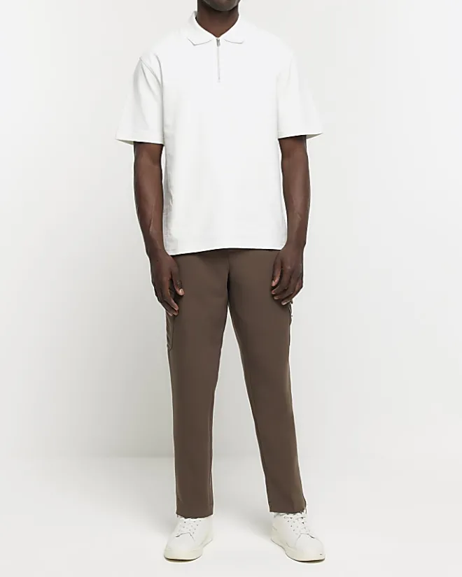 River Island Ecru regular fit textured half zip polo Stone Outlet