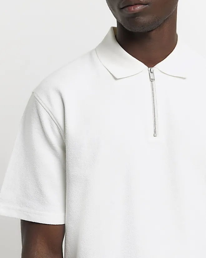 River Island Ecru regular fit textured half zip polo Stone Outlet