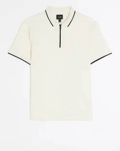 River Island Ecru slim fit taped collar polo Stone Fashion
