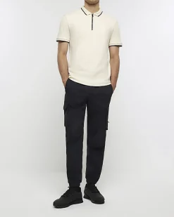 River Island Ecru slim fit taped collar polo Stone Fashion