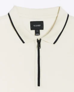 River Island Ecru slim fit taped collar polo Stone Fashion